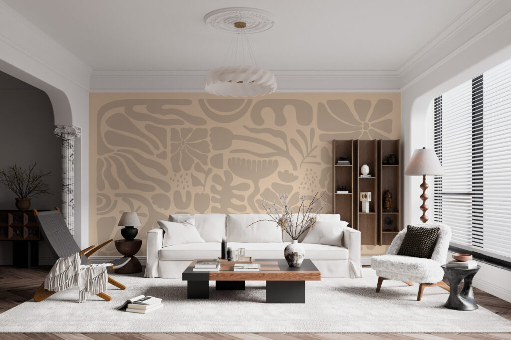 Papier peint végétal abstrait aux formes organiques et apaisantes. Décor mural sur mesure avec cadrage personnalisable, fabrication française.