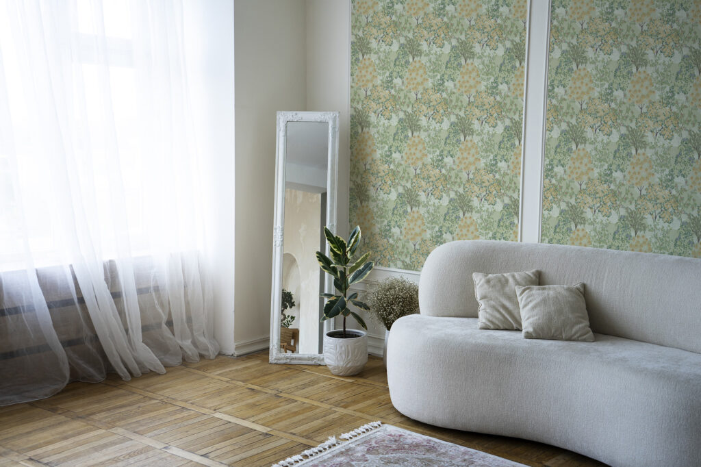 Papier peint arbres vintage au charme ancien. Décor mural végétal sur mesure, cadrage personnalisable et fabrication française.