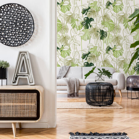 Papier peint feuillage exotique au style tropical chic. Décor mural sur mesure, cadrage personnalisable et fabrication française.