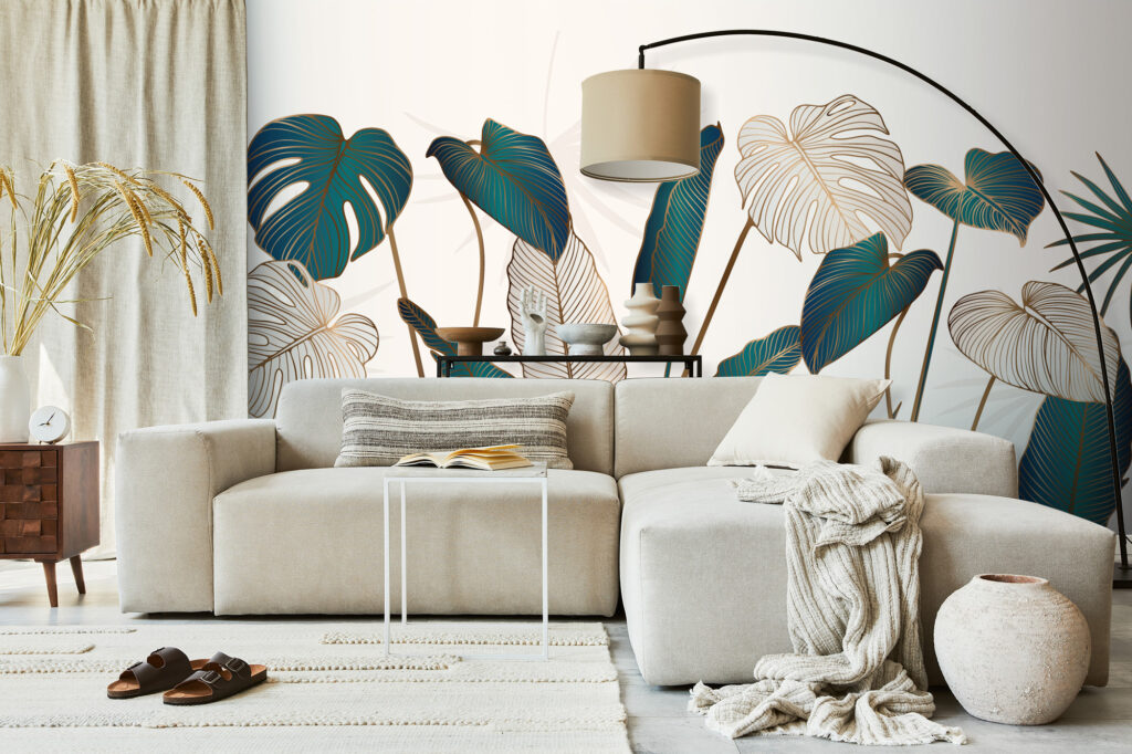 Papier peint jungle vert et doré au design végétal élégant. Décor mural sur mesure, cadrage personnalisable et fabrication française.