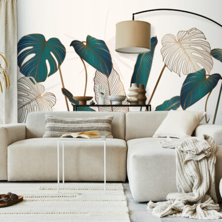 Papier peint jungle vert et doré au design végétal élégant. Décor mural sur mesure, cadrage personnalisable et fabrication française.