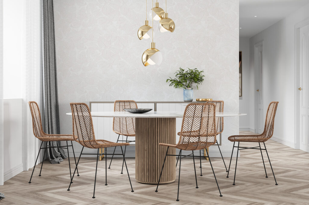 Papier peint feuillage beige au motif délicat et lumineux. Décor mural sur mesure avec cadrage personnalisable, fabrication française.