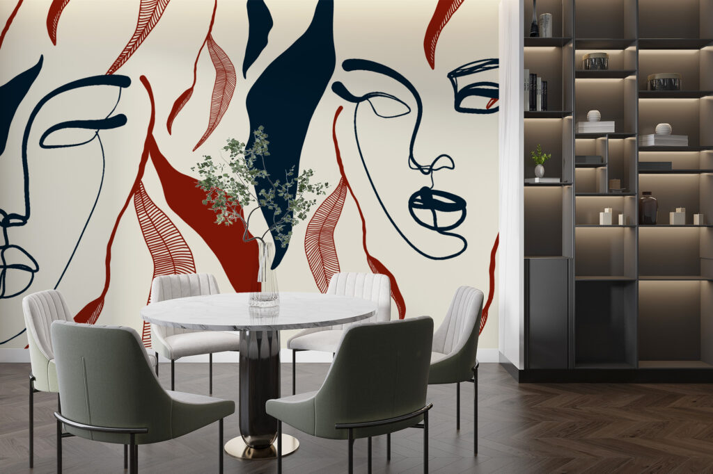 Papier peint visages abstraits au style graphique et contemporain. Décor mural sur mesure pour une ambiance artistique et moderne.