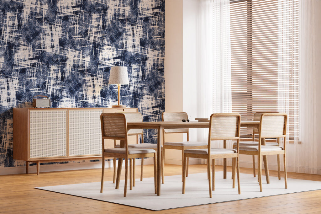 Papier peint effet jeans à la texture indigo graphique. Décor mural sur mesure avec cadrage personnalisable, fabrication française.