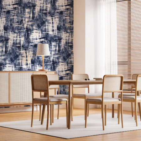 Papier peint effet jeans à la texture indigo graphique. Décor mural sur mesure avec cadrage personnalisable, fabrication française.